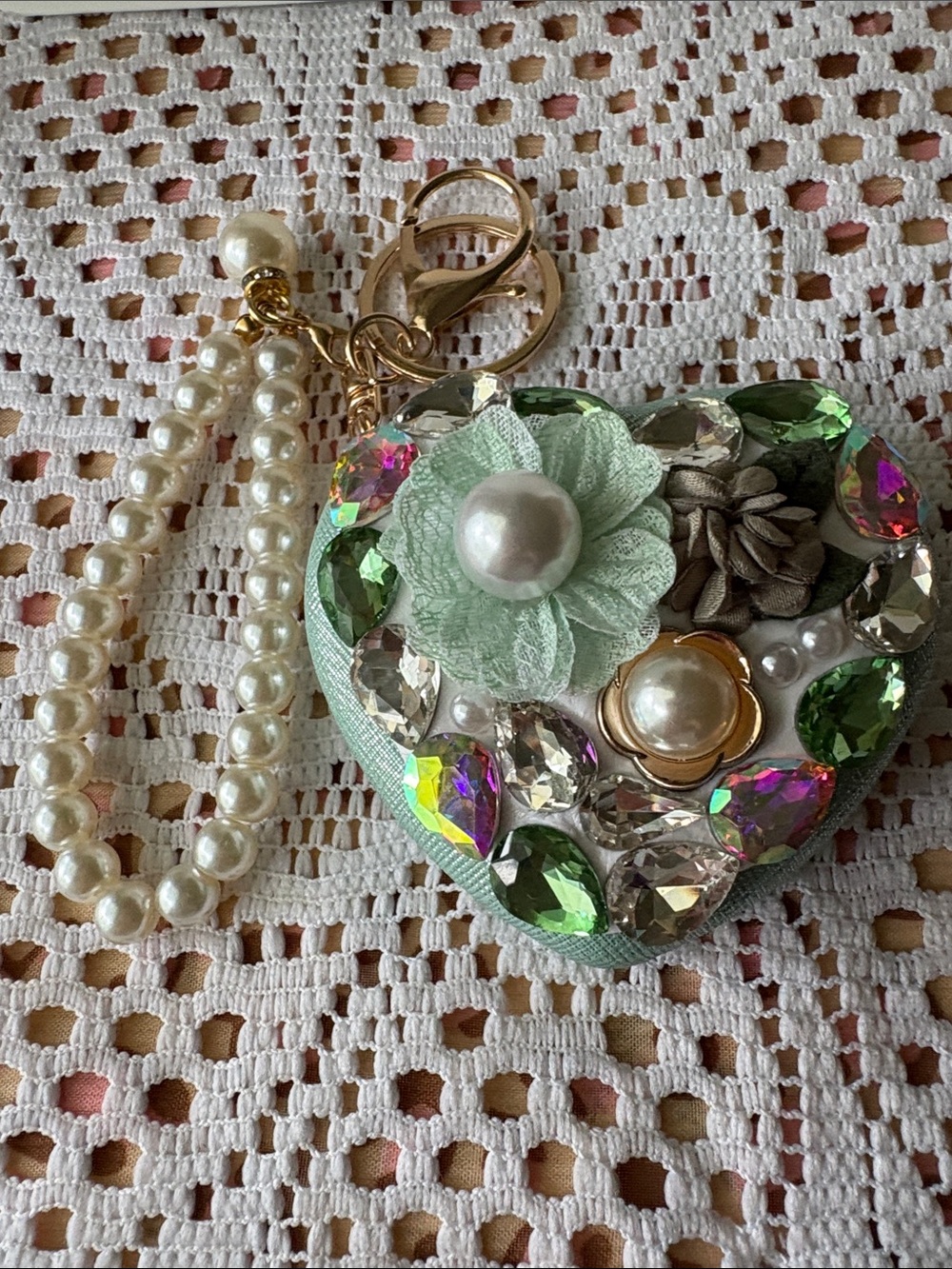 Embellished heart shape Mirror/ key charm in Teal color
